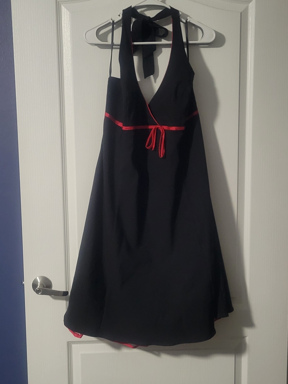 Rainbow Black Halter Midi Dress with Red Trim